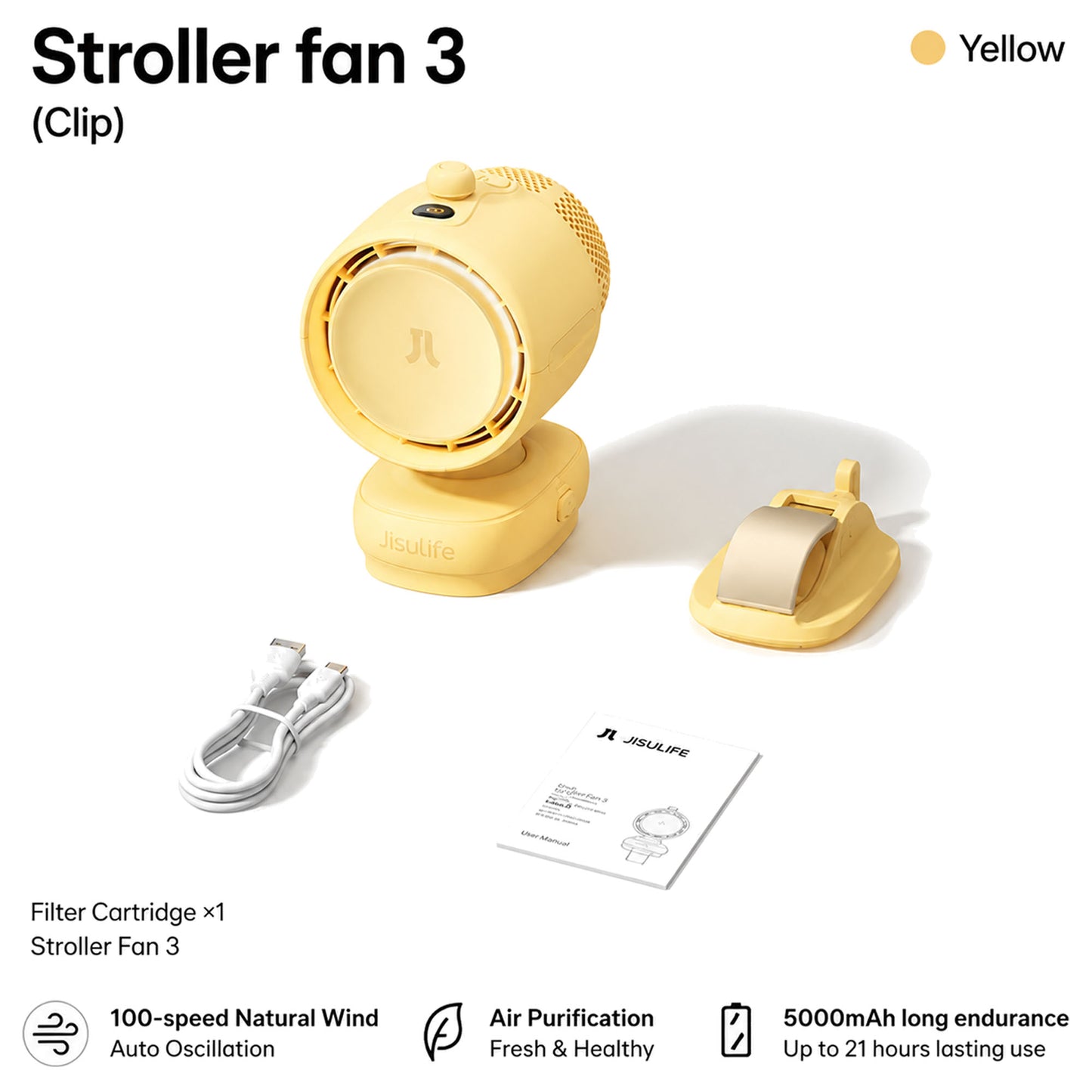JisuLife Stroller Fan Life 3 ( 5000mAh ) Auto Oscillation Clip Fan 21H Long Battery with Night Light