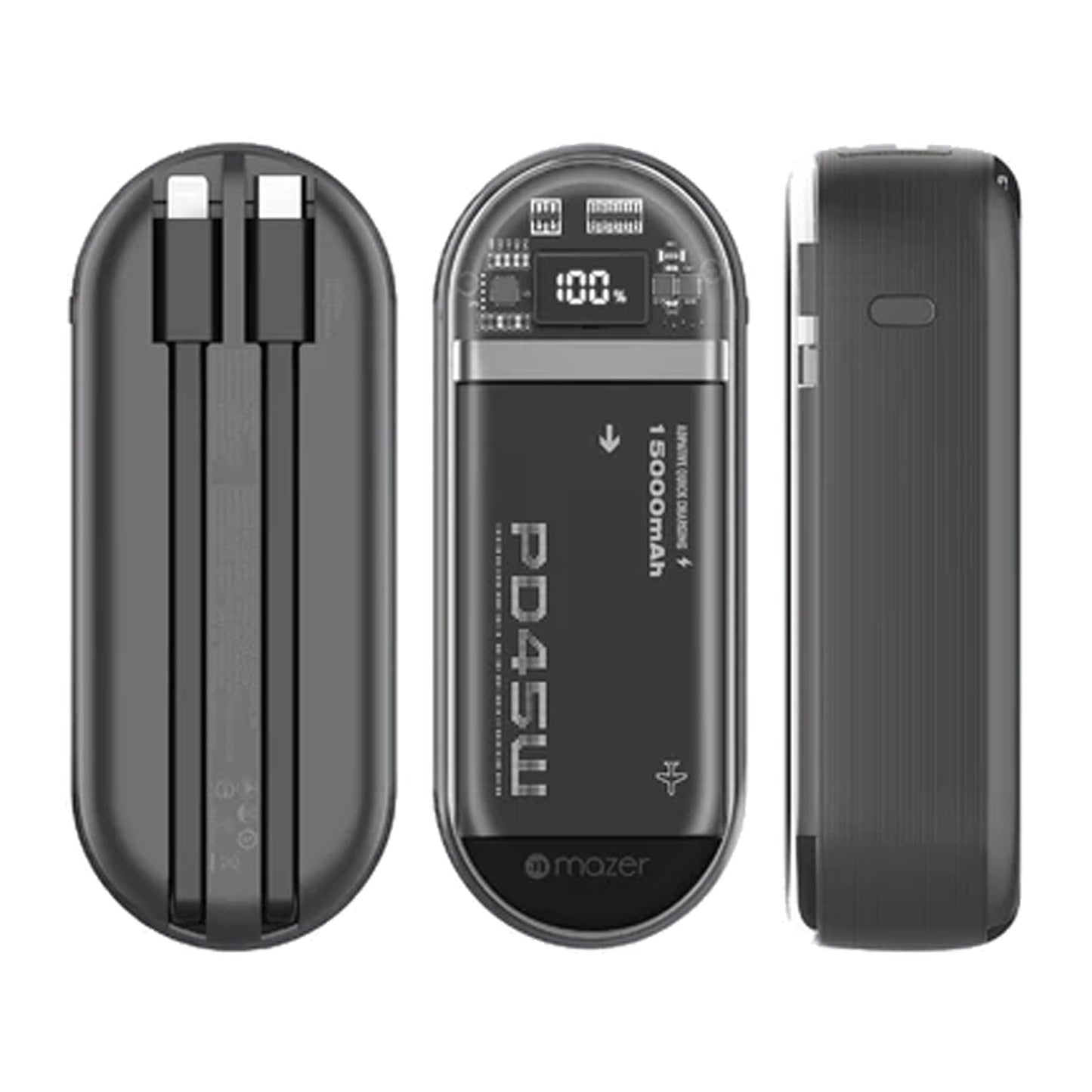 Mazer PowerCharge Link 1545 - Built-in Lightning & USB-C Cables 15000mAh Power Bank - Black - Forexengineer -Malaysia