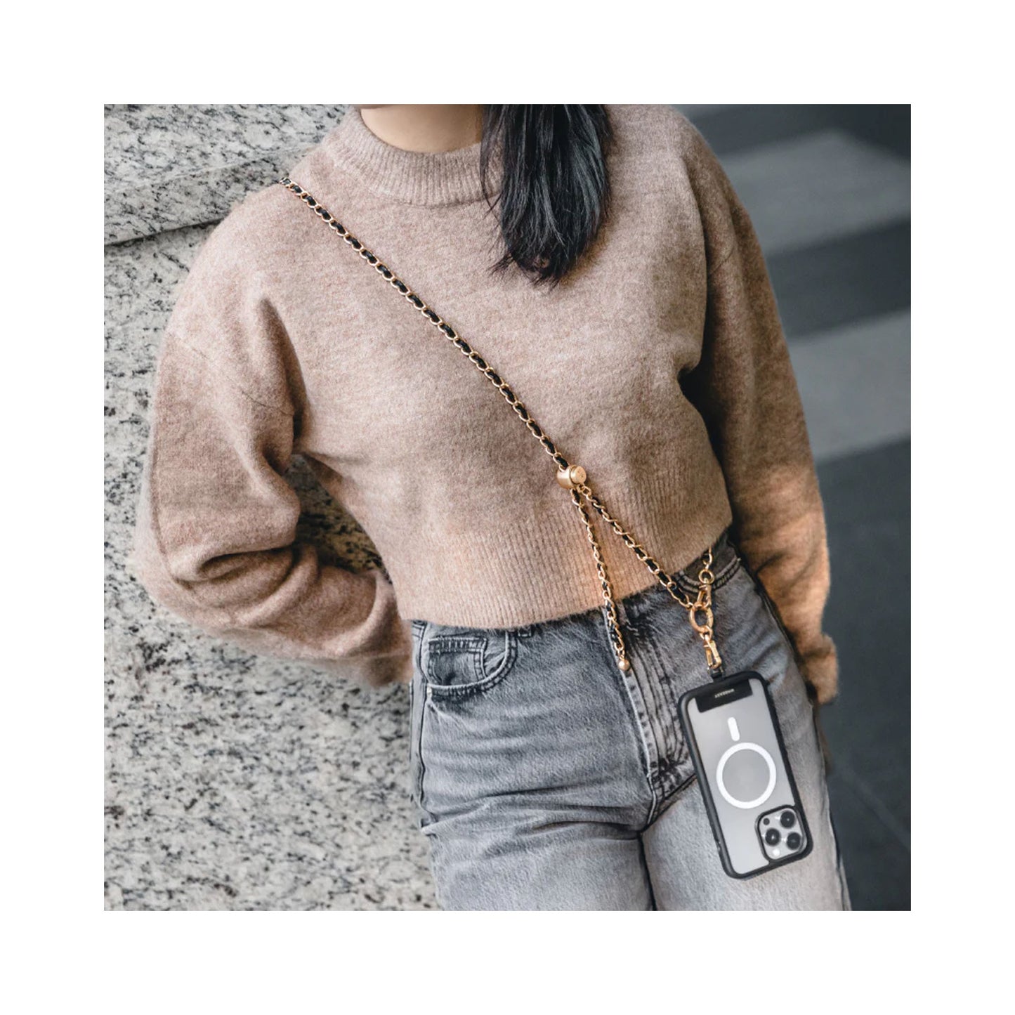 MAGEASY Classic Leather Chain Strap + Strap Card - Adjustable Chain Length - Black/Matte Gold - Forexengineer -Malaysia