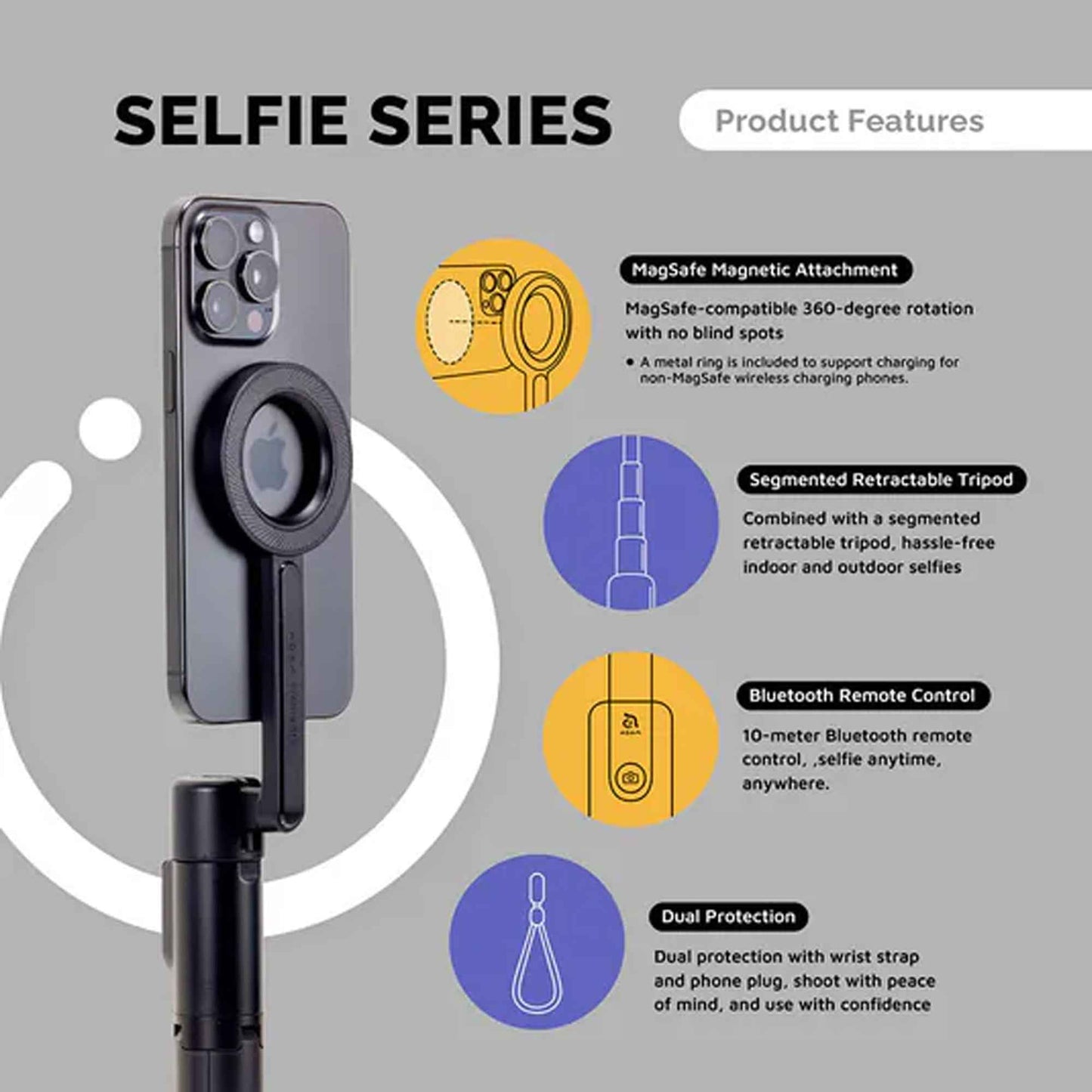 ADAM Elements SELFIE II Magnetic Wireless Bluetooth Tripod Selfie Stick Extends up to 80 cm