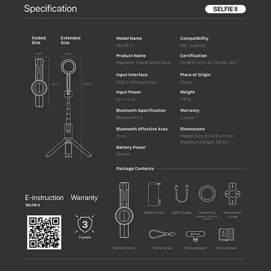 ADAM Elements SELFIE II Magnetic Wireless Bluetooth Tripod Selfie Stick Extends up to 80 cm