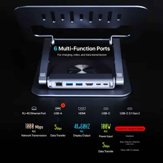 ADAM Elements Hub Stand Pro USB-C 6-in-1 Laptop / iPad 360 Rotating Stand Hub