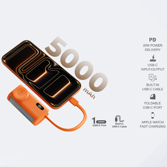 MAZER PowerCharge Pocket 2 CCC Certified Built-in Foldable USB-C Port, USB-C Cable & Apple Watch Charger 5000mAh