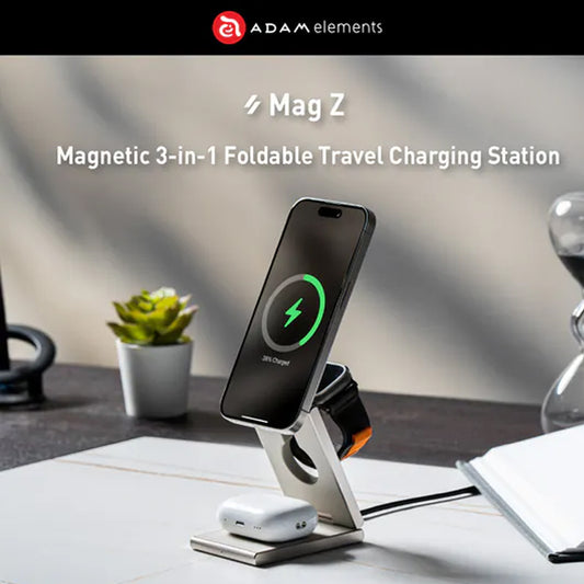 ADAM Elements Mag Z Magnetic 3in1 Foldable Travel Charging Station with USB-C Charging Cable Included