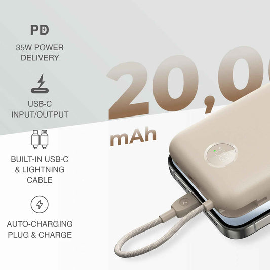 Mazer PowerCharge LINK 20000mAh Power Bank PD35W (Built-in USB-C + Lightning Cables)