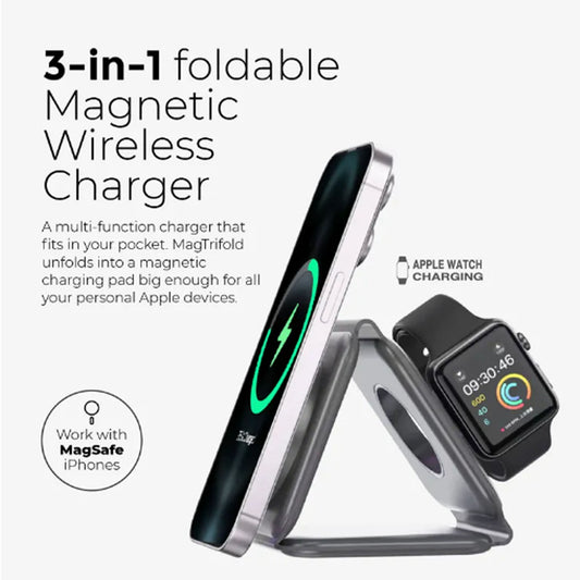Mazer Mag Trifold 3-in-1 Foldable Wireless Charger - MagSafe and Apple Watch Charge Compatible with adapter 30W GAN - Forexengineer -Malaysia