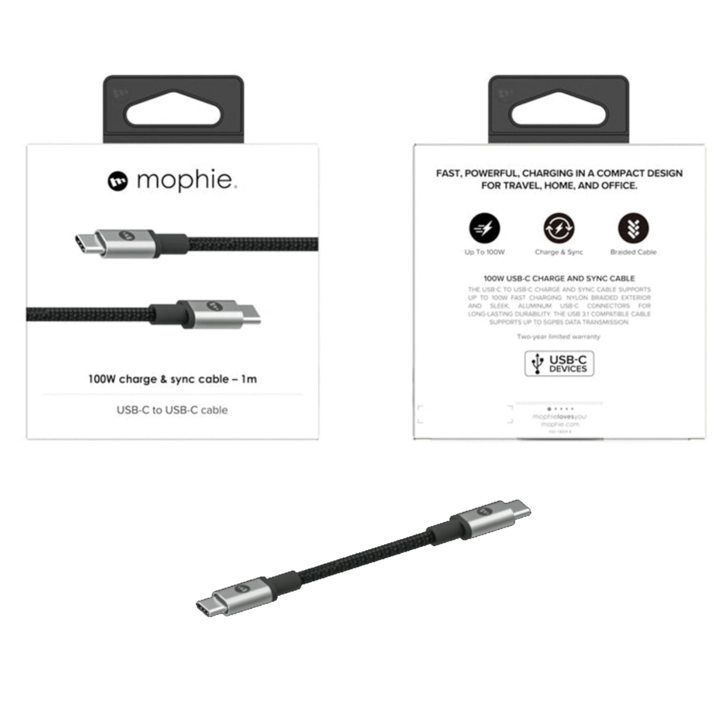 Mophie Cable 100W USB-C to USB-C 3.1 Charge & Sync Cable ( 5GBPS ) High Speed Data Transfer - Forexengineer -Malaysia- 840056174030-840056174047