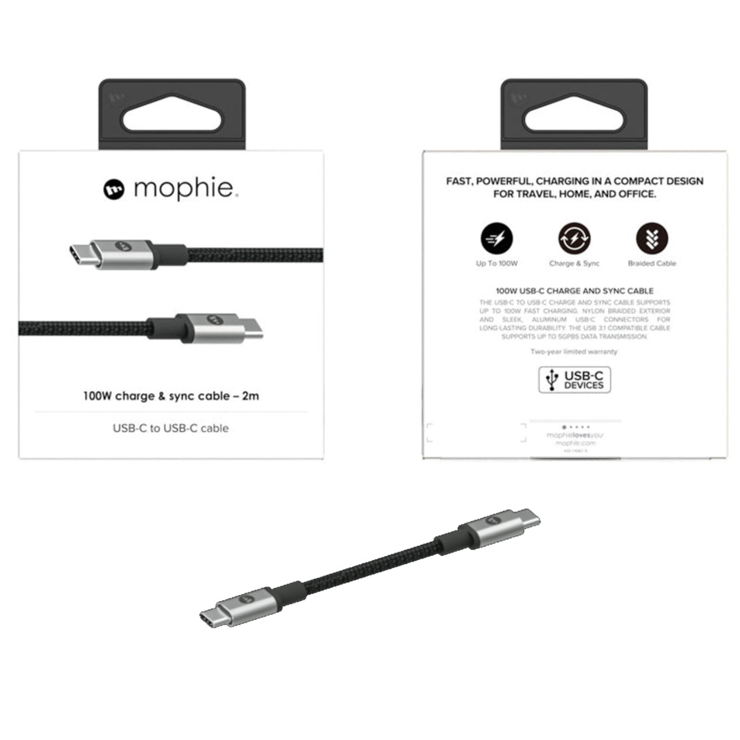 Mophie Cable 100W USB-C to USB-C 3.1 Charge & Sync Cable ( 5GBPS ) High Speed Data Transfer - Forexengineer -Malaysia- 840056174030-840056174047