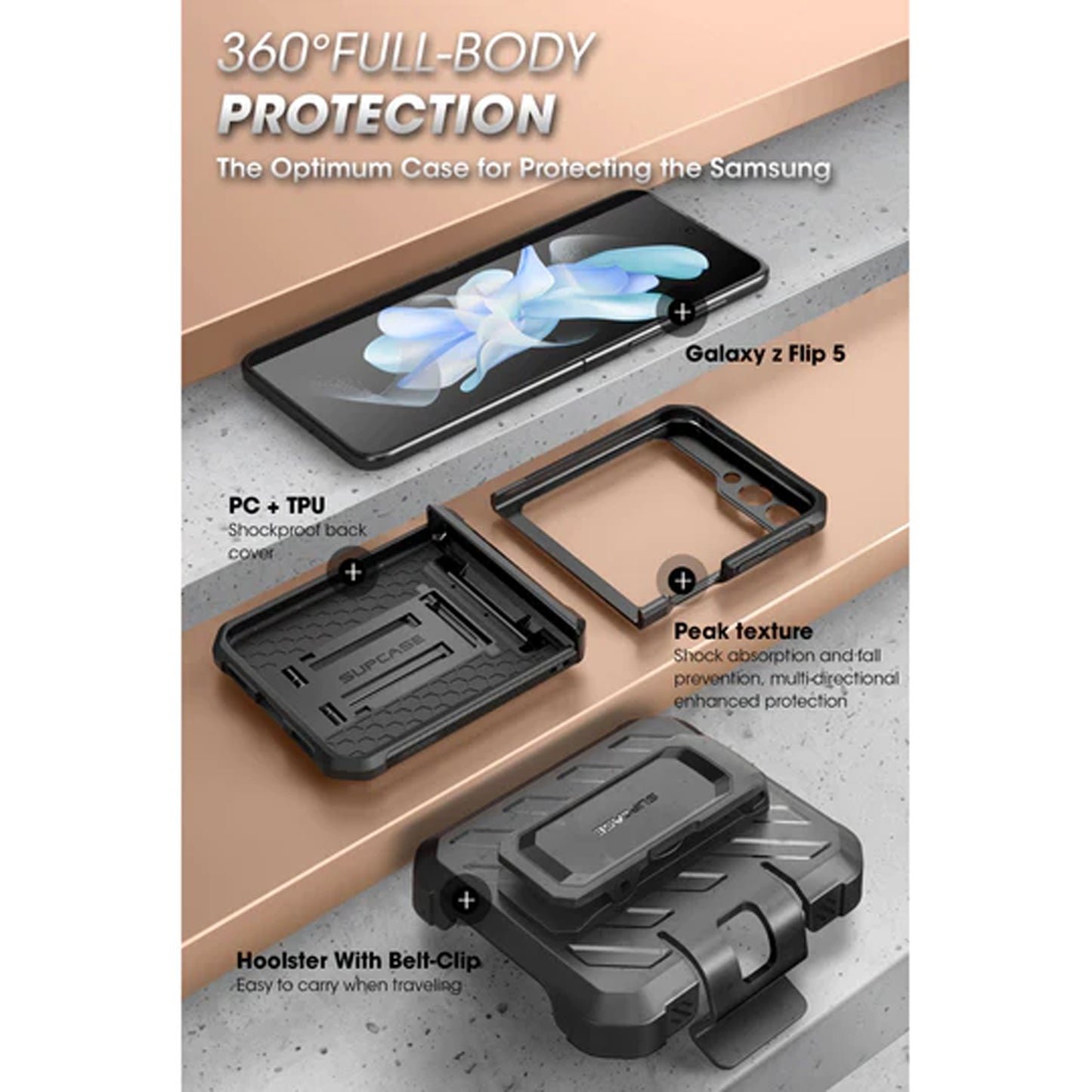 Supcase Unicorn Beetle PRO for Samsung Galaxy Z Flip 5 with Belt Clip - Black