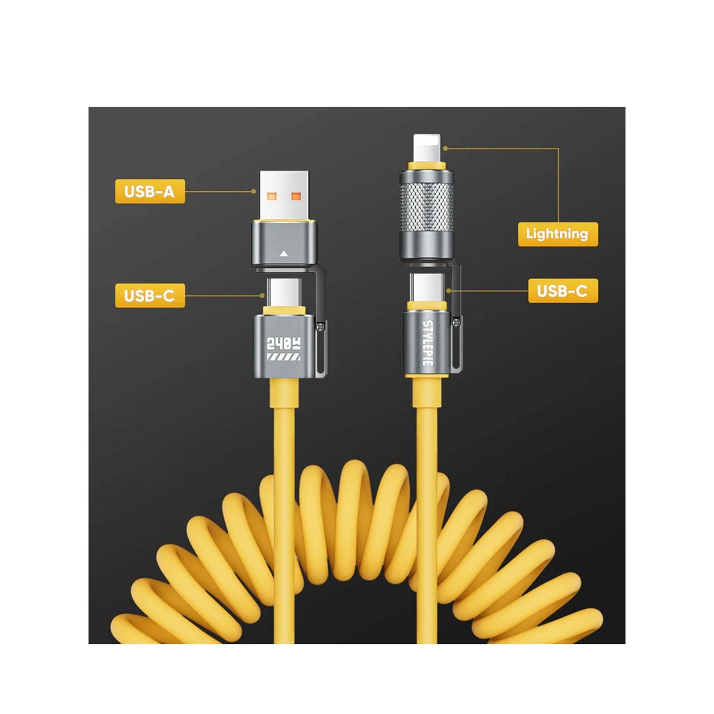 STYLEPIE C74 240W 3.1 PD 4-in-1 Fast Charge Coiled Cable 1.8m 480Mbps Data Transfer - Forexengineer -Malaysia