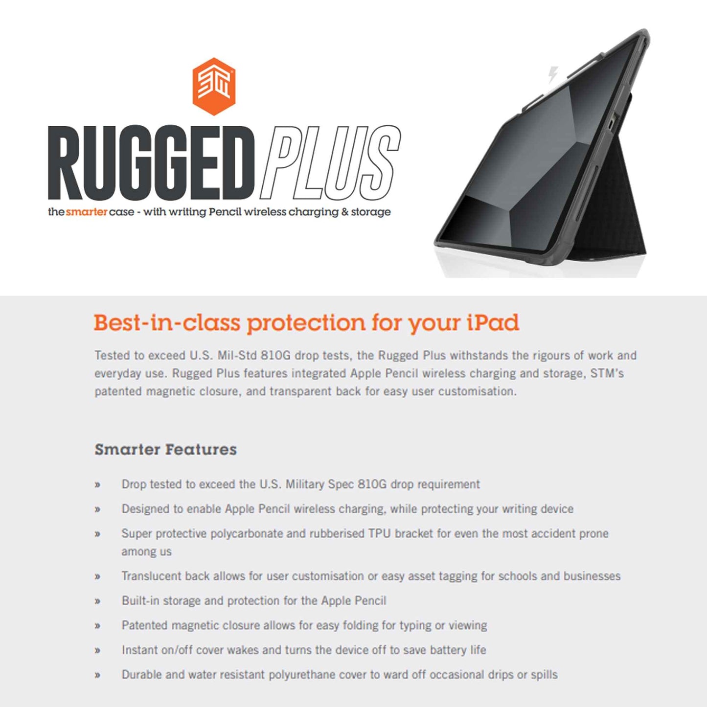 STM Rugged Plus for iPad Pro 12.9" 5th - 4th - 3rd Gen ( 2021 - 2018 ) M1 Chip - Black (Barcode: 810046111277 )