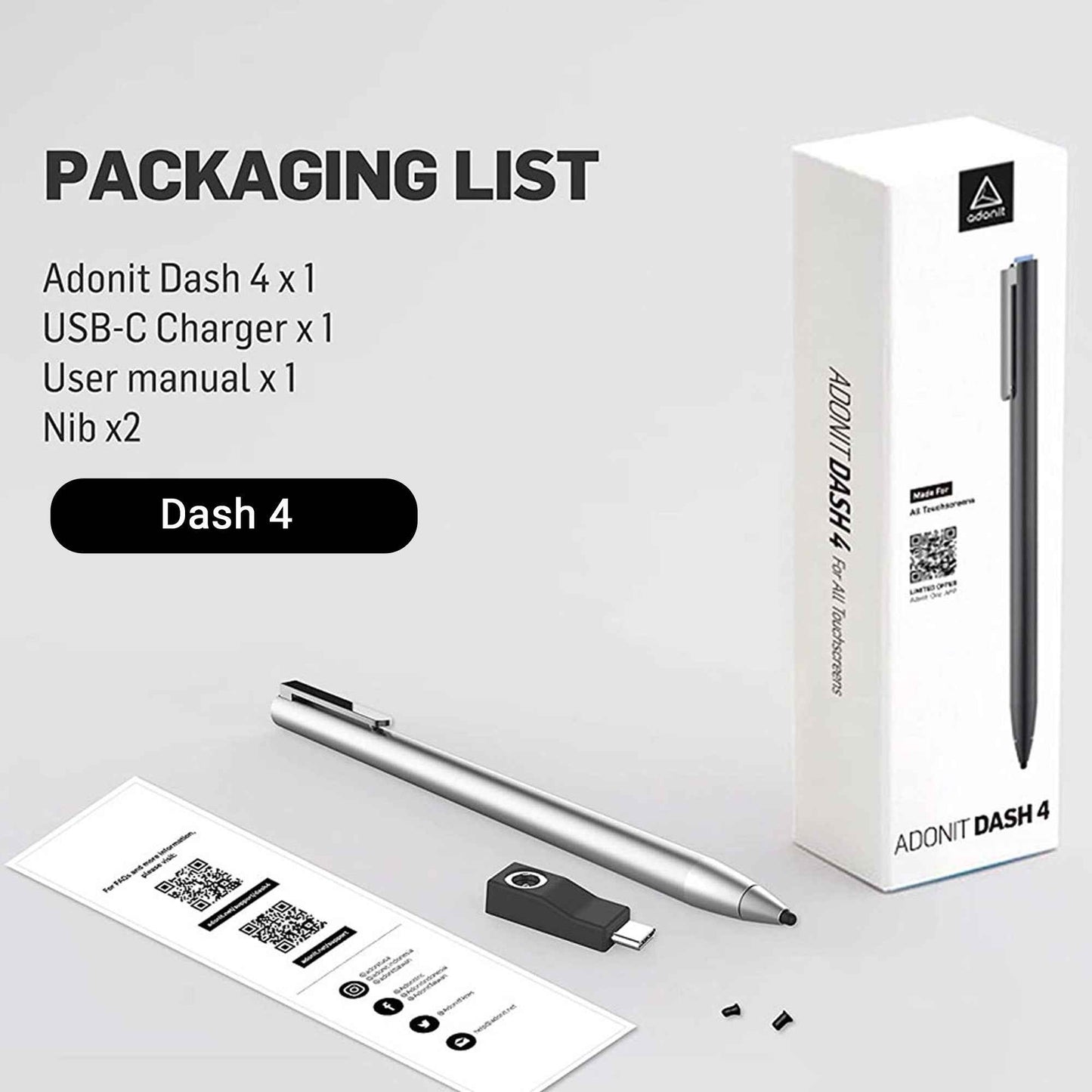 Adonit Dash 4 Stylus Pen - Matte Silver (Barcode: 847663023850 )