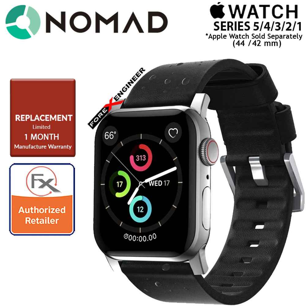Nomad Active Strap Waterproof Black Leather for Apple Watch Series 7 - SE - 6 - 5 - 4 - 3 - 2 - 1 ( 45mm - 44mm - 42mm ) ( Silver Hardware ) ( Barcode : 856500018324 )