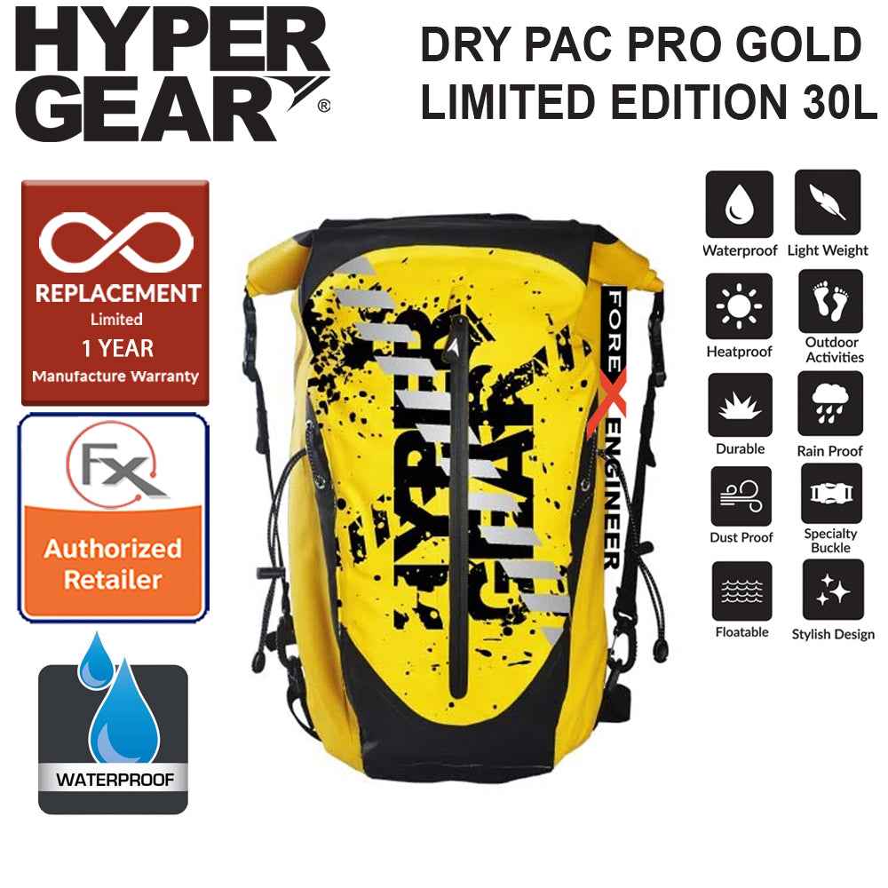 HyperGear Dry Pac Pro Gold 30L - 100% Waterproof, Heavy Duty and Durable Material Backpack - Yellow Limited Edition - Forexengineer-malaysia