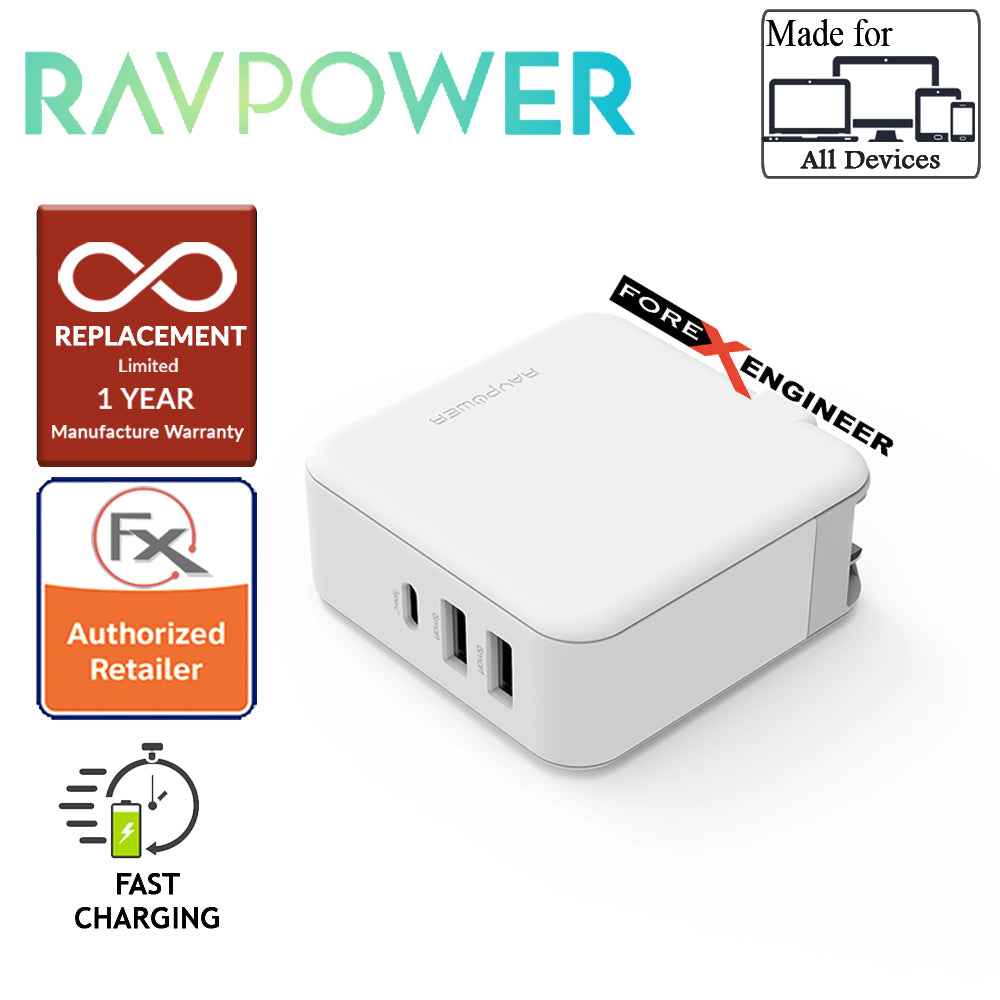 RavPower Power Delivery Desktop Charger 3 Port PD65W - 2 USB Port + 1 Type C - White - Forexengineer-malaysia