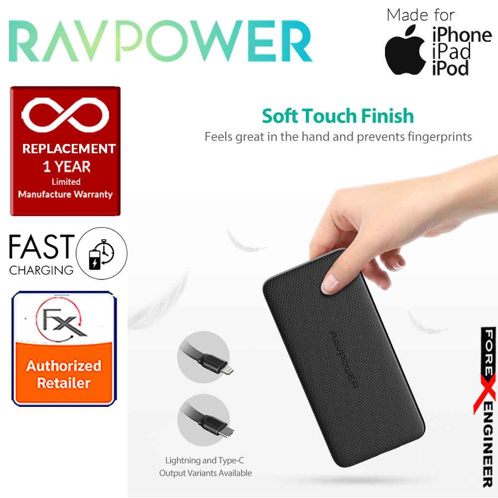 RavPower RP-PB099 Power Bank 10000mAh capacity with Built-In Lightning Cable - Black - Forexengineer-malaysia