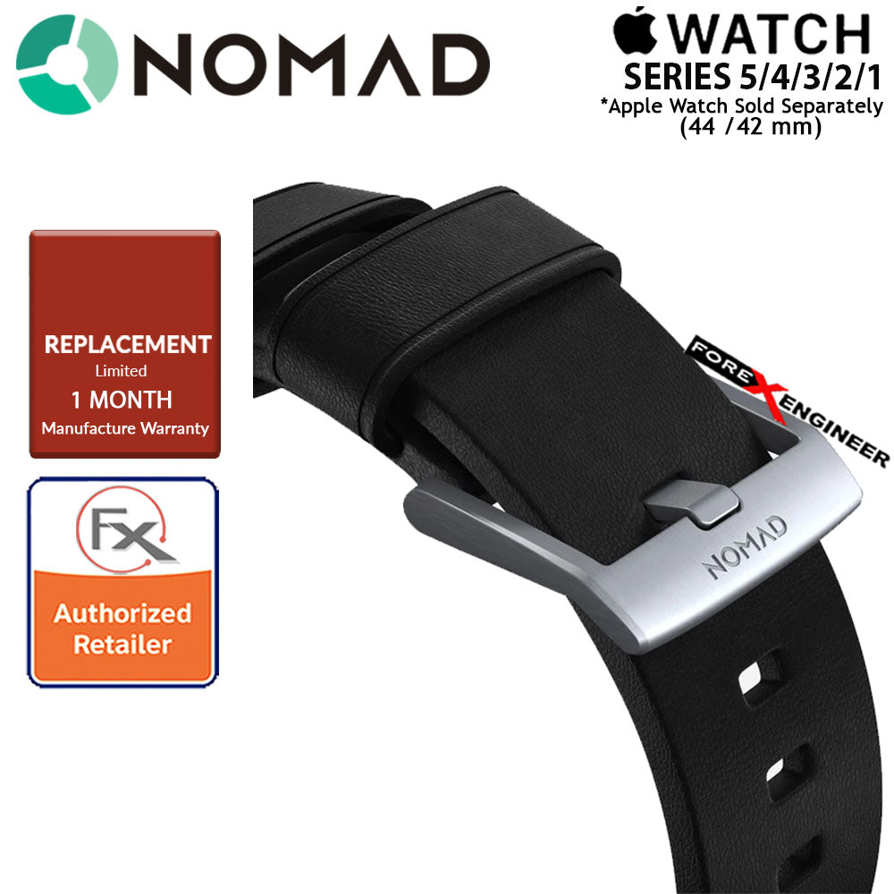 Nomad Active Strap Waterproof Black Leather for Apple Watch Series 7 - SE - 6 - 5 - 4 - 3 - 2 - 1 ( 45mm - 44mm - 42mm ) ( Silver Hardware ) ( Barcode : 856500018324 )