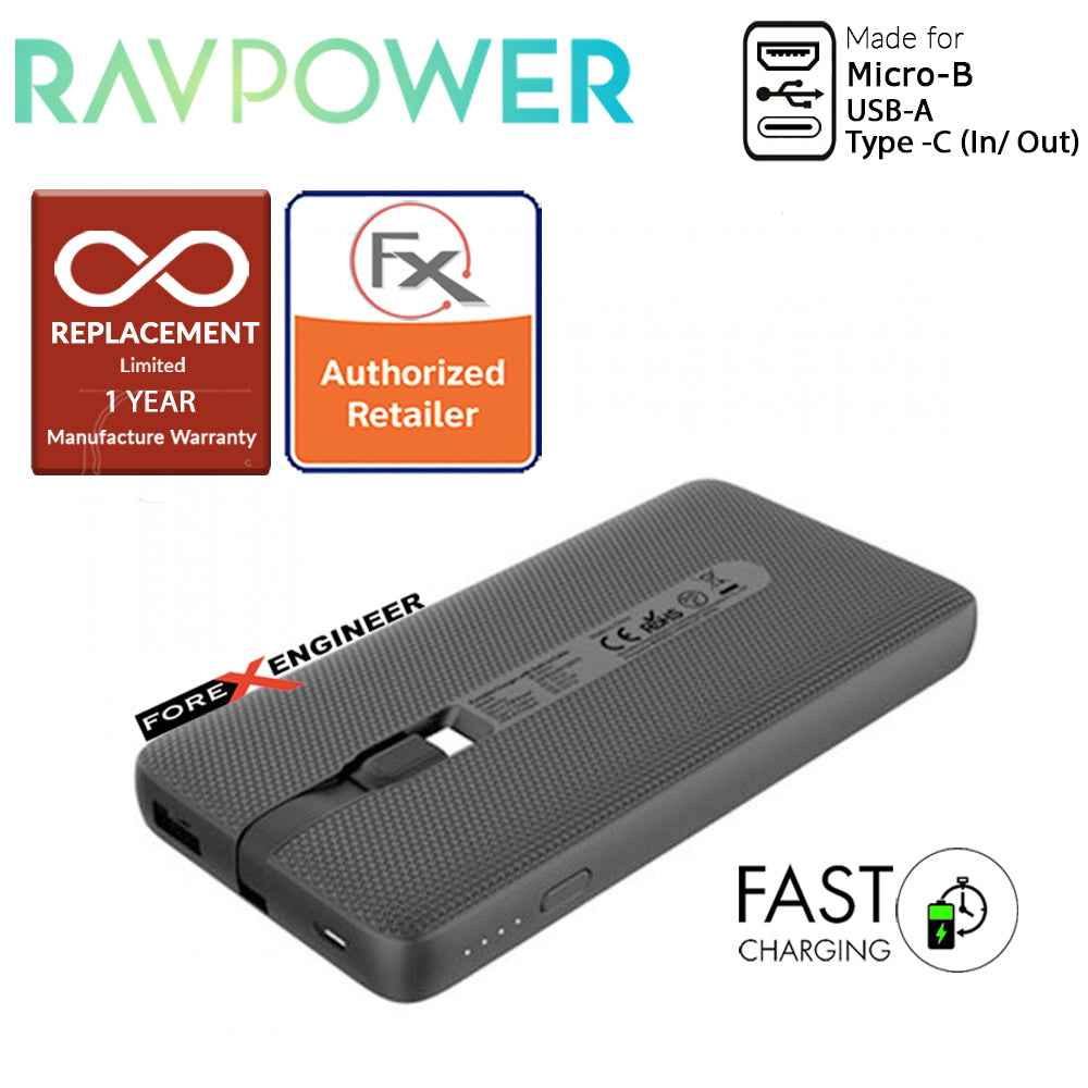 RAVPower RP-PB161 Slim Portable Charger with Build in Type C Cable 10000mAh - Forexengineer-malaysia