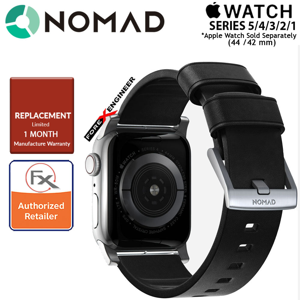 Nomad Active Strap Waterproof Black Leather for Apple Watch Series 7 - SE - 6 - 5 - 4 - 3 - 2 - 1 ( 45mm - 44mm - 42mm ) ( Silver Hardware ) ( Barcode : 856500018324 )