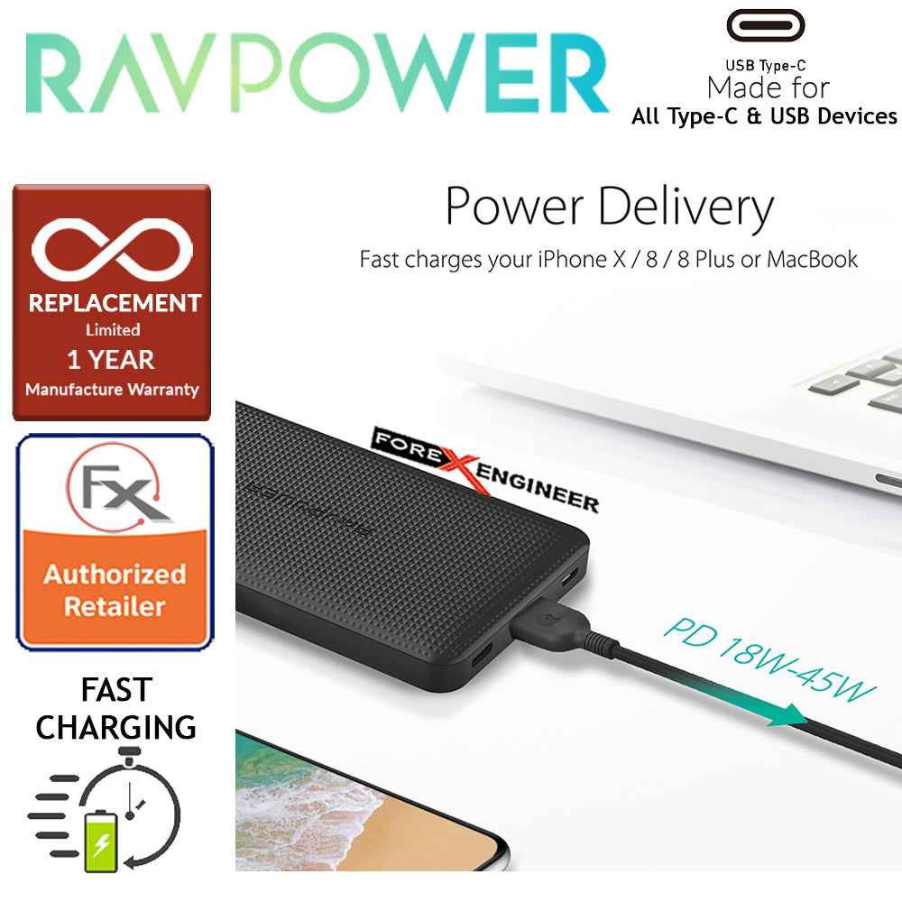 RavPower RP-PB095 20100mAh PD 45W + QC3.0 - Slim Power Bank - Black - Forexengineer-malaysia