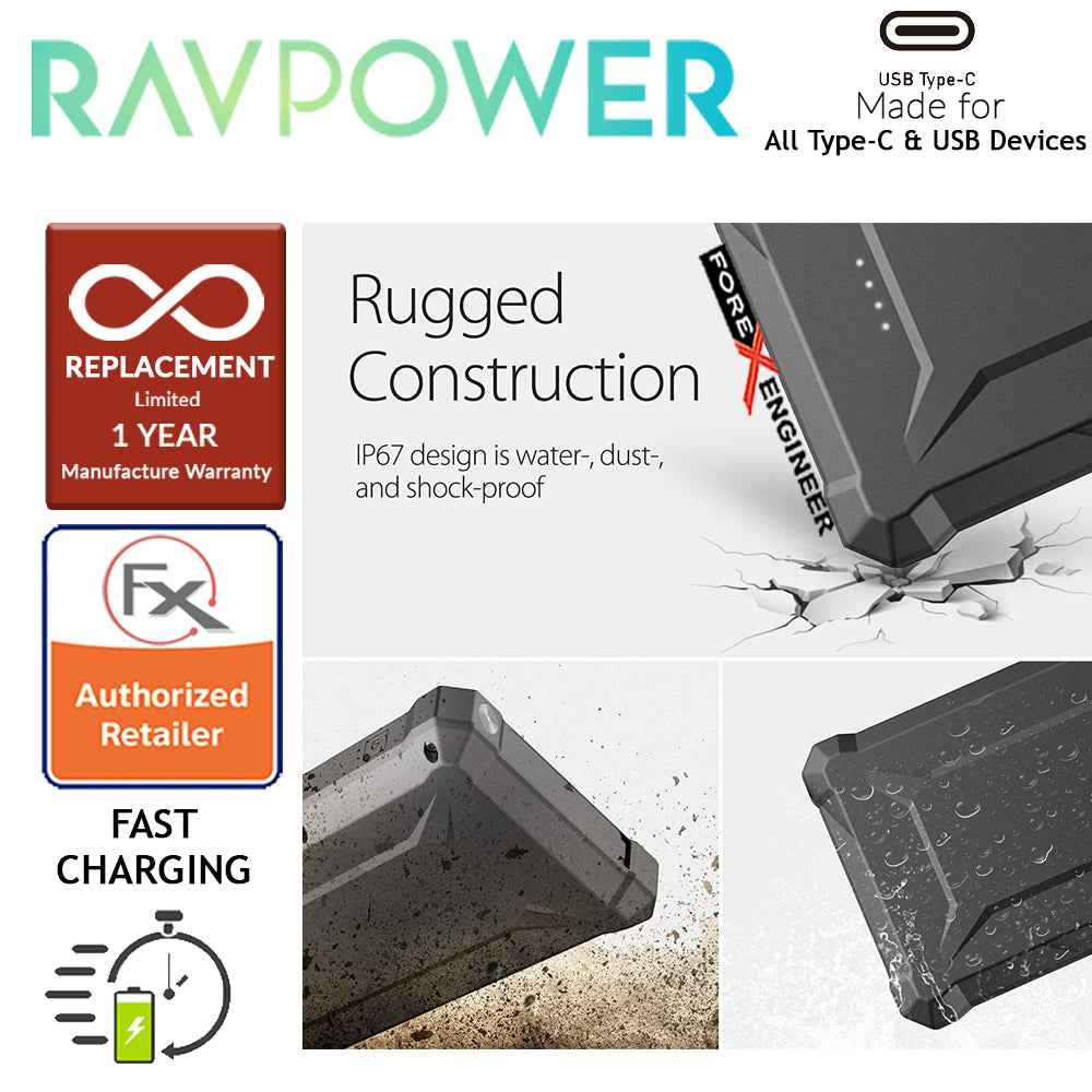 RAVPower RP-PB097 Waterproof Power Bank 20100mAh with 45WPD + QC3.0 and Built-in flashlight - Black - Forexengineer-malaysia