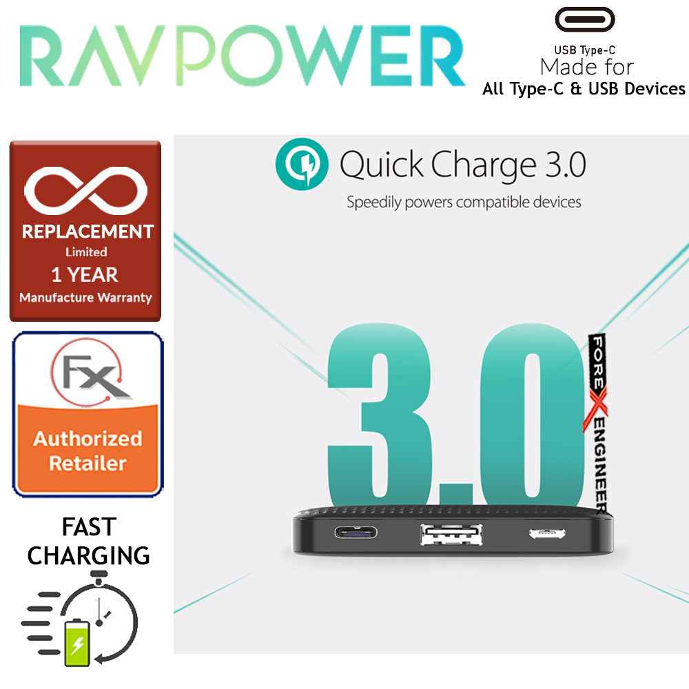 RavPower RP-PB095 20100mAh PD 45W + QC3.0 - Slim Power Bank - Black - Forexengineer-malaysia