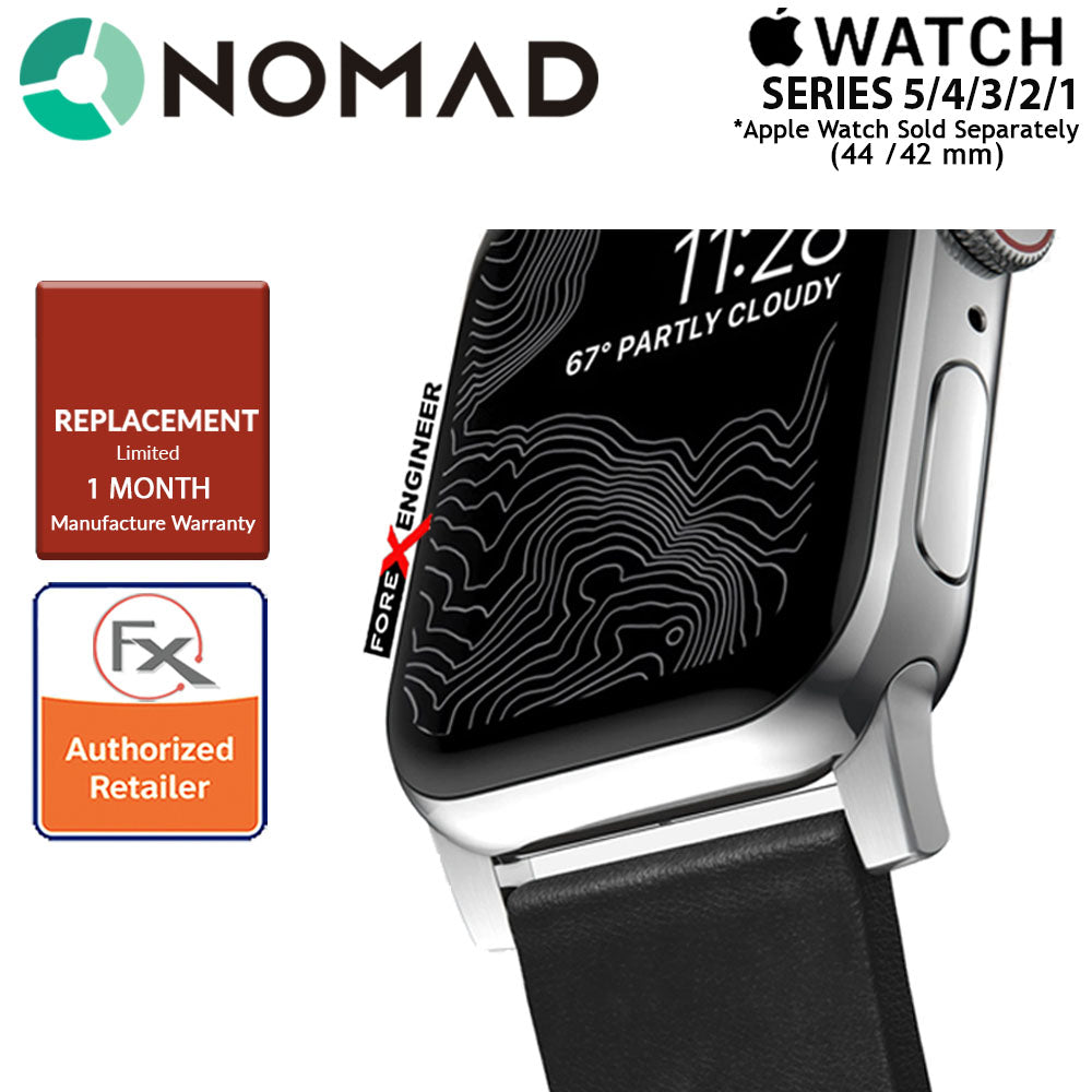 Nomad Active Strap Waterproof Black Leather for Apple Watch Series 7 - SE - 6 - 5 - 4 - 3 - 2 - 1 ( 45mm - 44mm - 42mm ) ( Silver Hardware ) ( Barcode : 856500018324 )