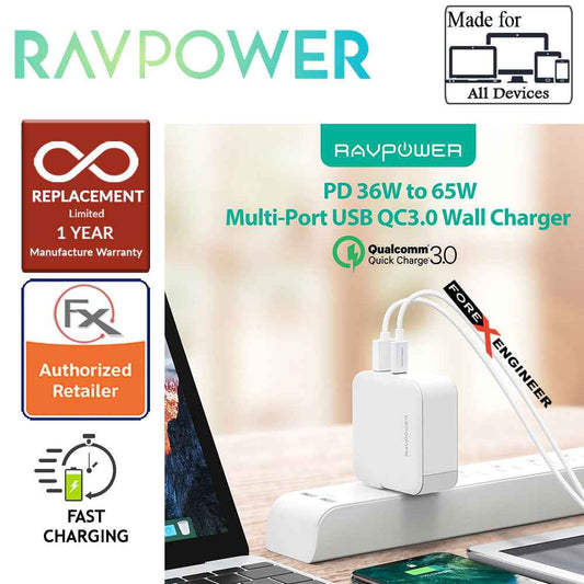 RavPower Power Delivery Desktop Charger 3 Port PD65W - 2 USB Port + 1 Type C - White - Forexengineer-malaysia