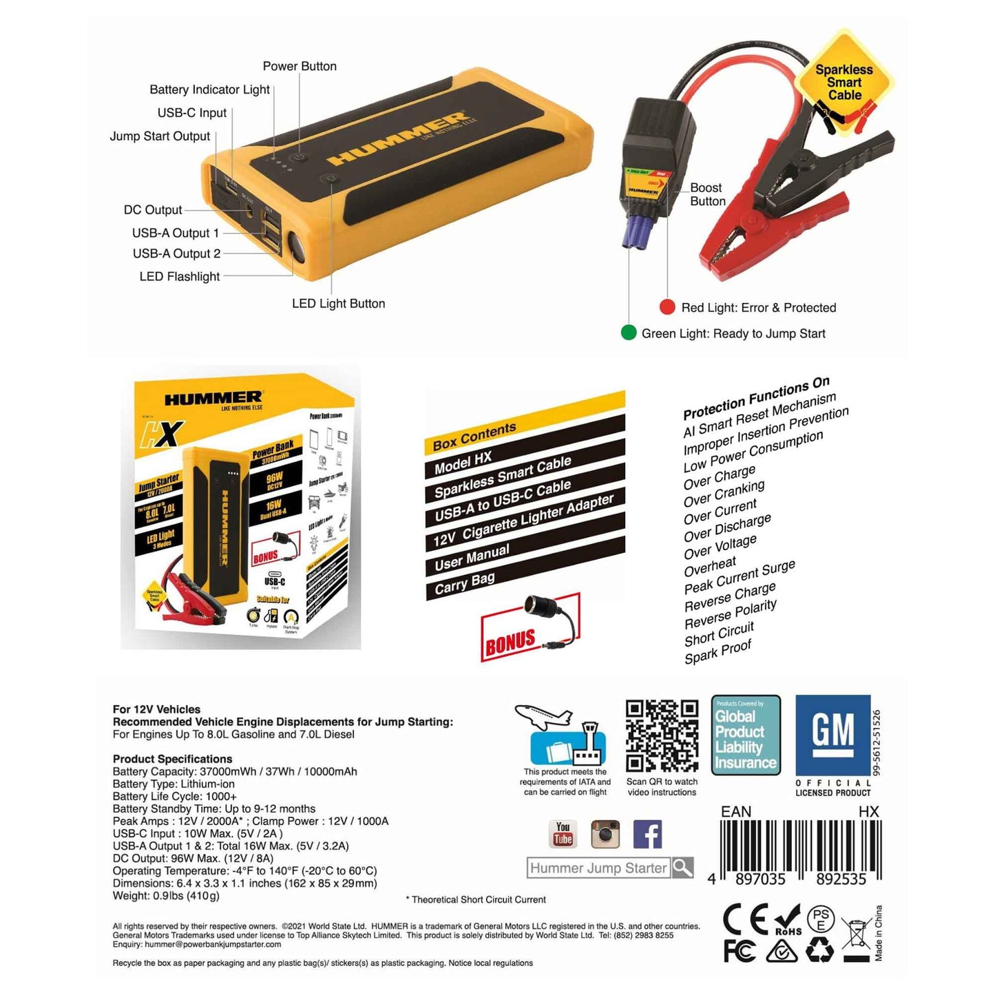 Hummer HX 10000mAh Powerbank Jump Starter with Wireless Charger & Work Light (USB-A to USB-C)