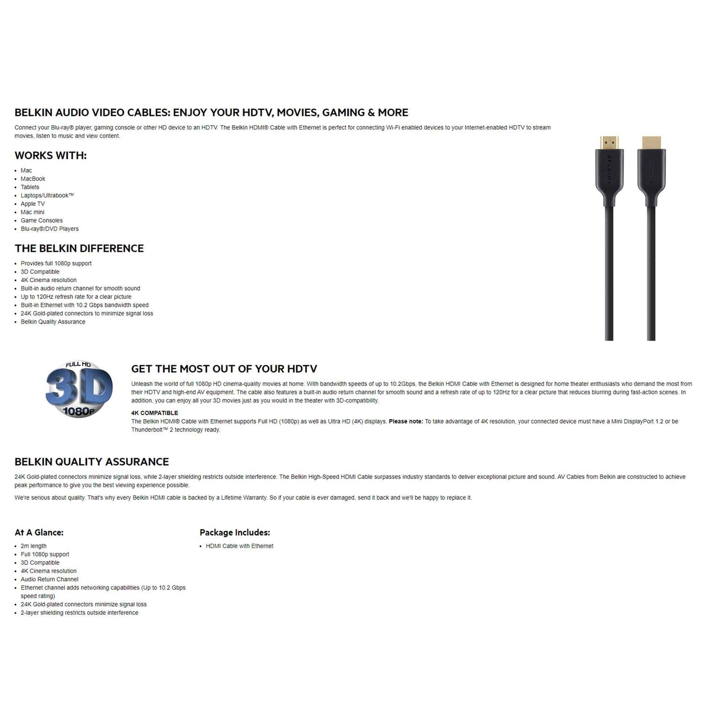 BELKIN High Speed HDMI Cable with Ethernet and 4K Supported ( 2 Meter ) - HDMI-to-HDMI - Black (Barcode: 745883713066 )