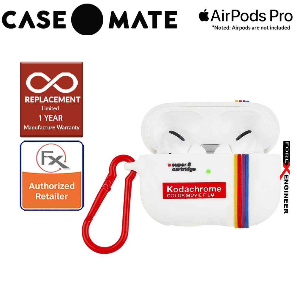Case Mate Kodak Case for Airpods Pro - White with Kodachrome Stripes with Red Carabiner Clip ( Barcode : 846127191111 )