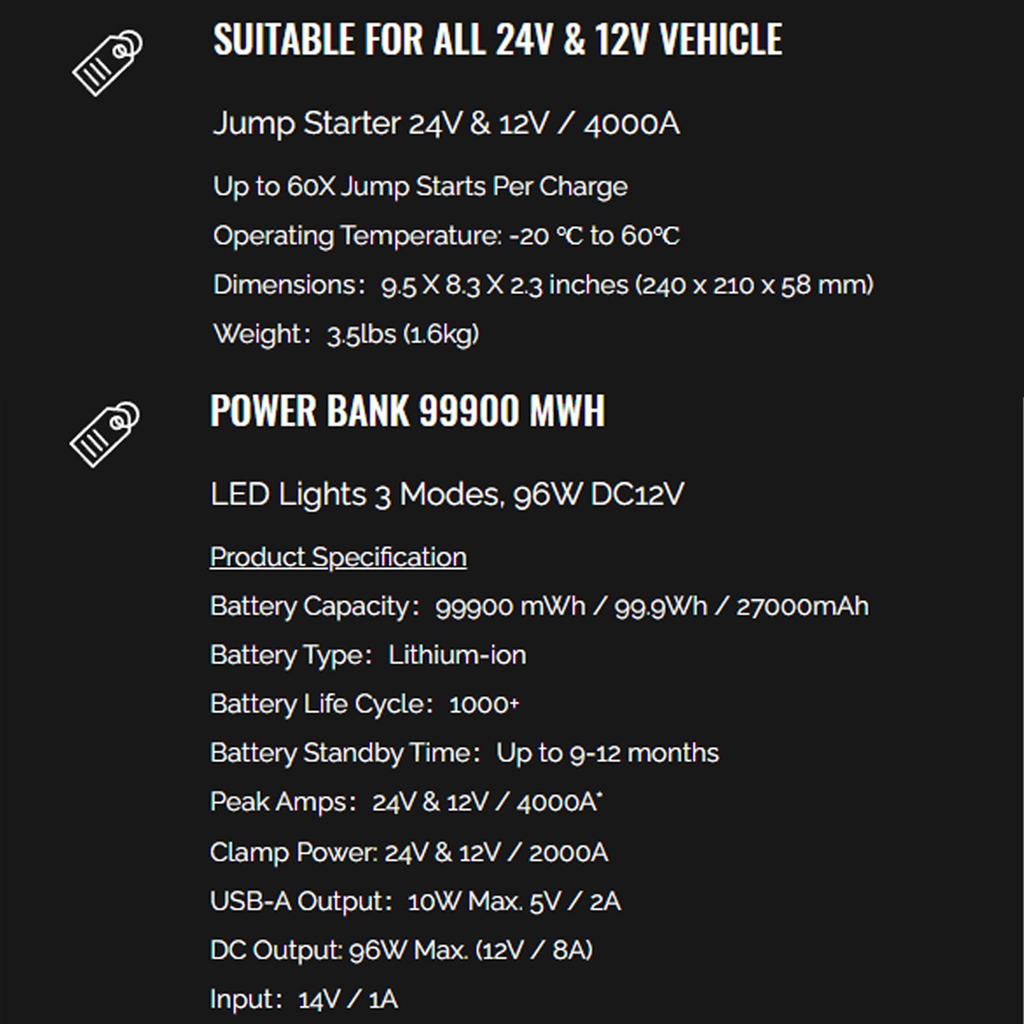 HUMMER H24 PRO Jump Starter 24V & 12V - 4000A with Powerbank 27000mAh ( Barcode: 4897035892566 ) - Forexengineer -Malaysia- 4897035892566