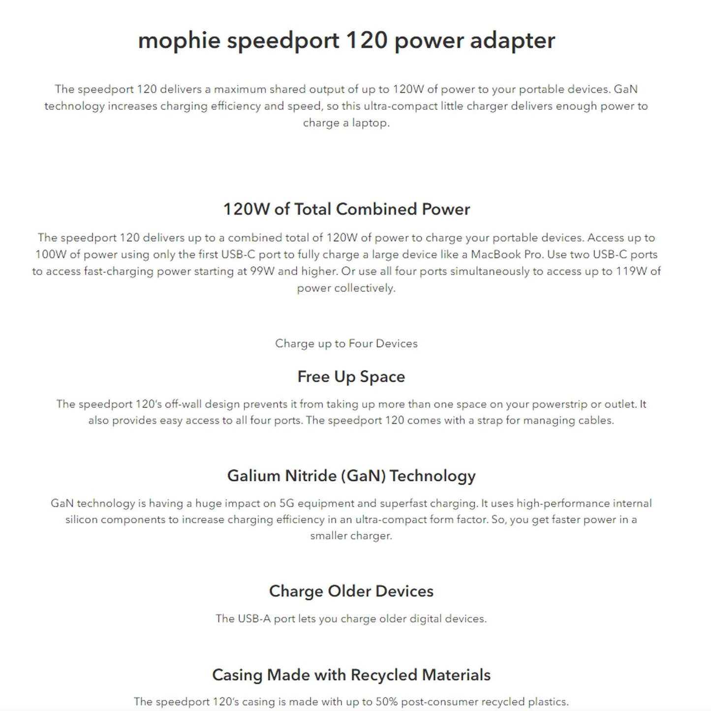 Mophie Speedport 120W Power Adapter USB-C PD GaN Technology - White