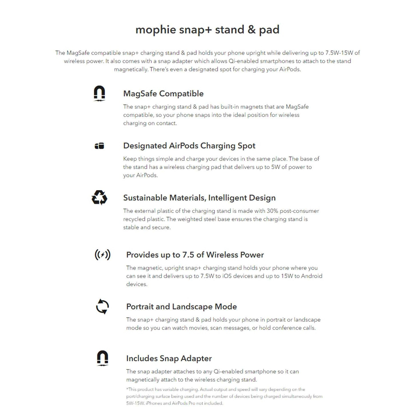 Mophie Snap+ Wireless Charging Stand & Pad - Magsafe Compatible with Airpods Charging Spot - Black