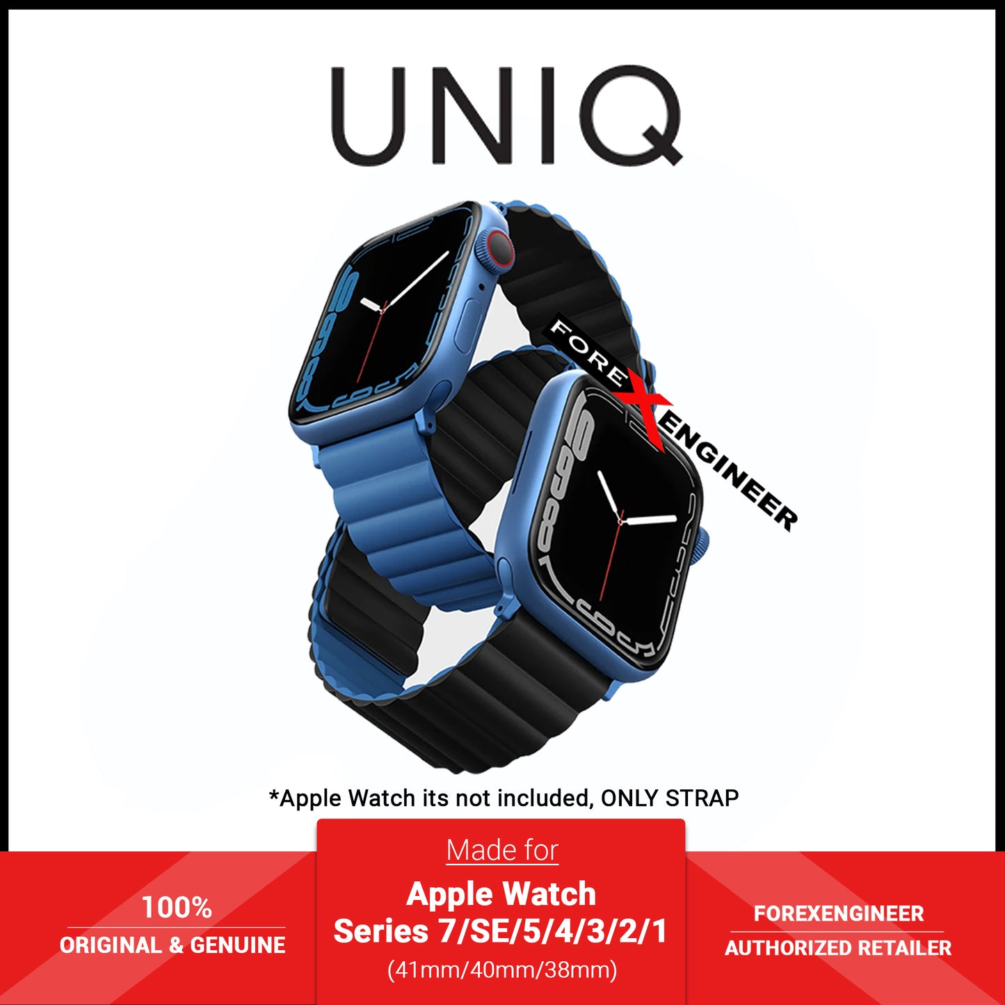 UNIQ Revix Magnetic Silicone Strap for Apple Watch Series 7 - SE - 6 - 5 - 4 - 3 - 2 - 1 ( 41mm - 40mm - 38mm ) - Caspian ( Blue - Black ) (Barcode: 8886463679111 )