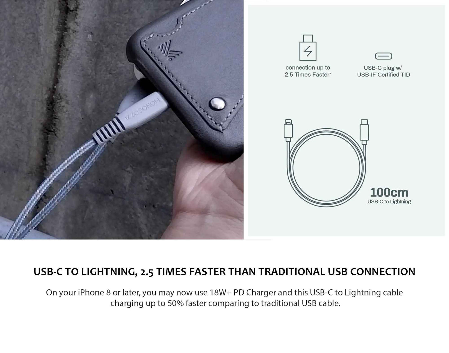 Monocozzi Motif Braided USB-C to Lightning Cable ( 100cm ) - Charcoal (Barcode: 4895199105324 )