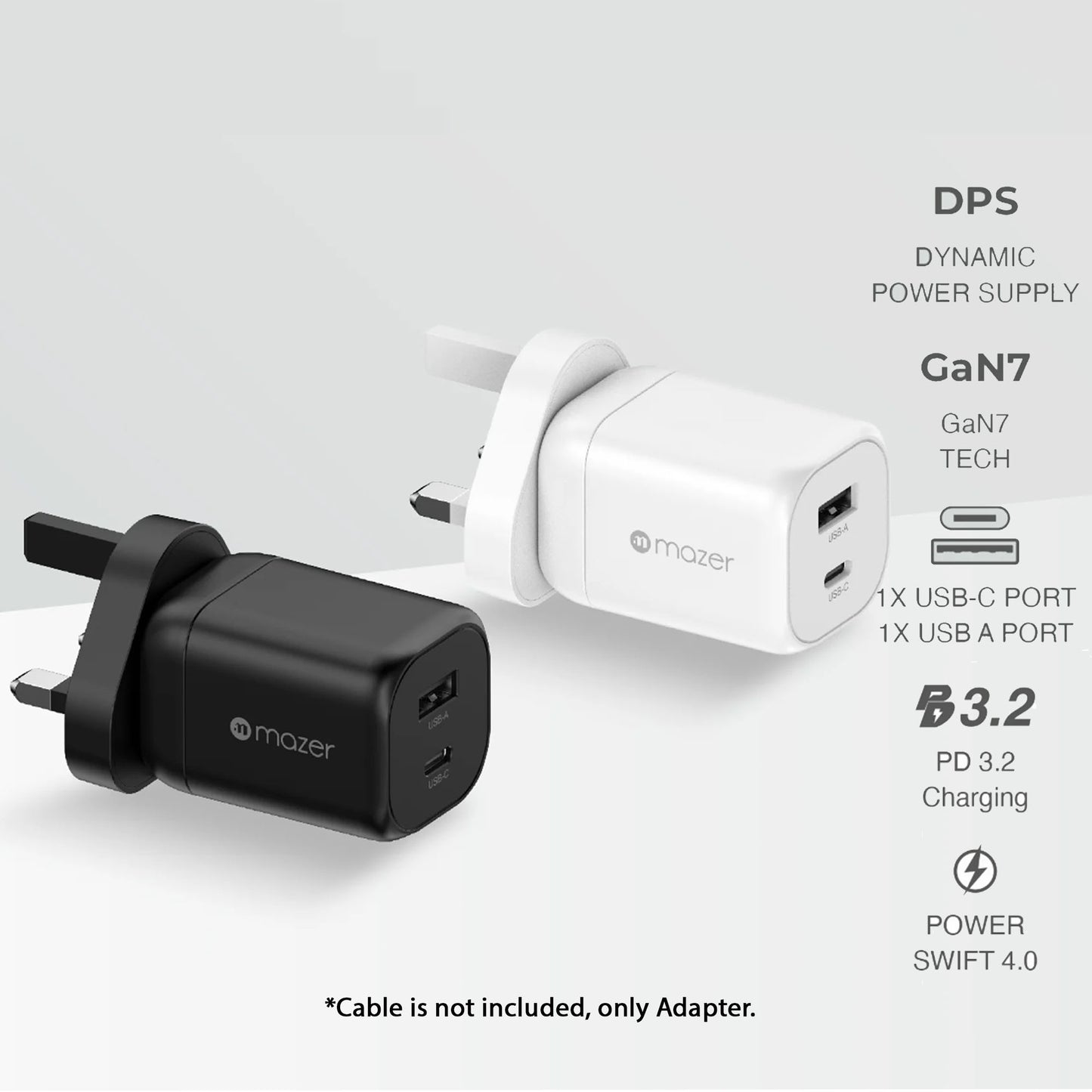 Mazer Prestige GaN Mini 60W Dynamic Power Wall Adaptor Charger Fast Charging ( 2 Ports )