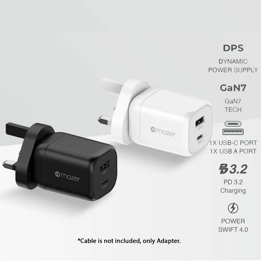 Mazer Prestige GaN Mini 60W Dynamic Power Wall Adaptor Charger Fast Charging ( 2 Ports )