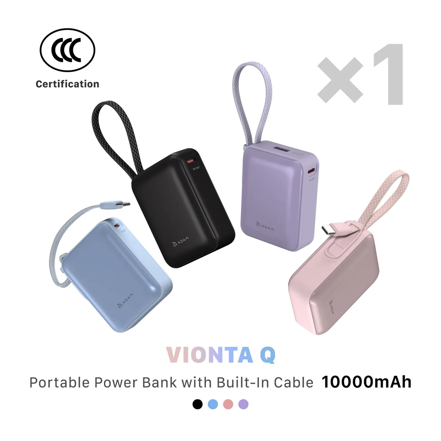 ADAM Elements VIONTA Q Ultra-Compact Power Bank with Built-in USB-C Cable 10000mAh CCC Certified
