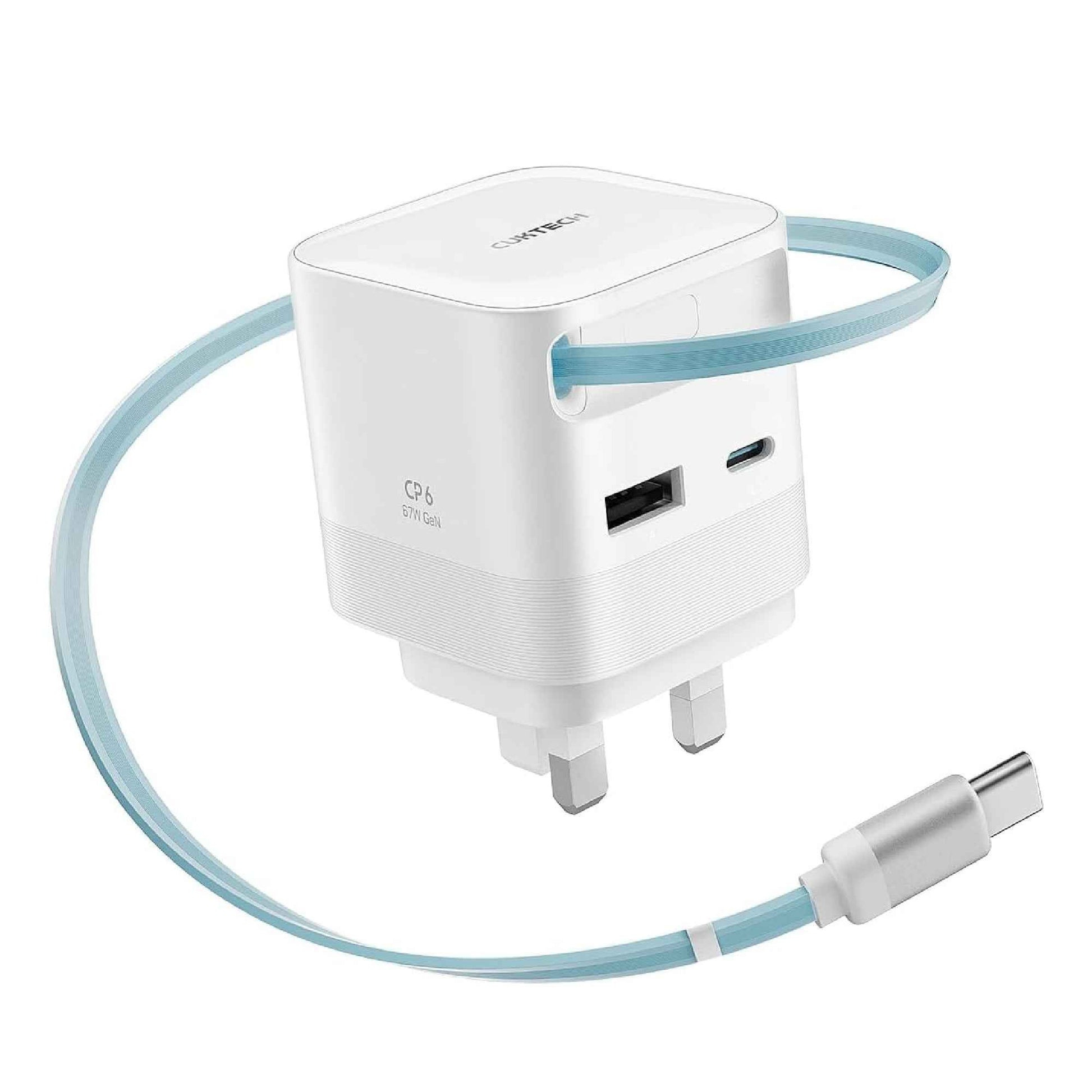 CUKTECH CP6 Charger 65W GaN Fast Wall Charger Plug with Built-in Retractable USB C Cable