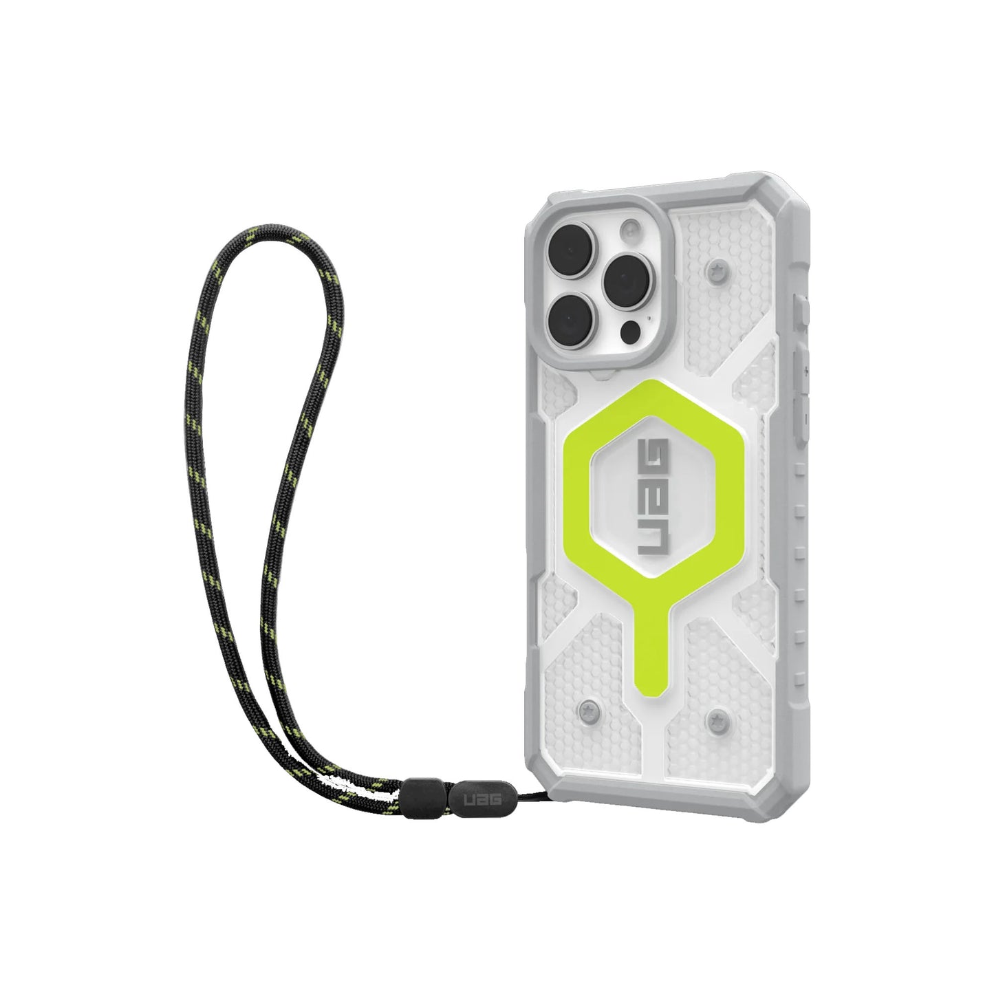 UAG Pathfinder Clear MagSafe Bundle - Active Neon Case + Black Neon Lanyard for iPhone 16 Pro Max