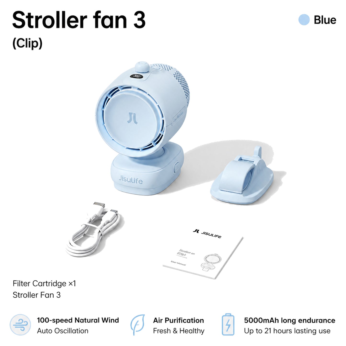 JisuLife Stroller Fan Life 3 ( 5000mAh ) Auto Oscillation Clip Fan 21H Long Battery with Night Light