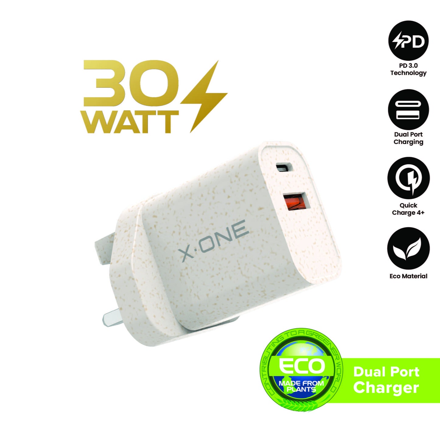 X.One Eco Charger 30W PD 3.0 & QC 4+ Dual Port Fast Charger Adapter Wall Charger