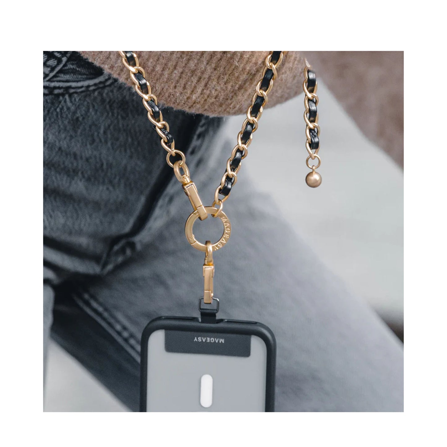 MAGEASY Classic Leather Chain Strap + Strap Card - Adjustable Chain Length - Black/Matte Gold