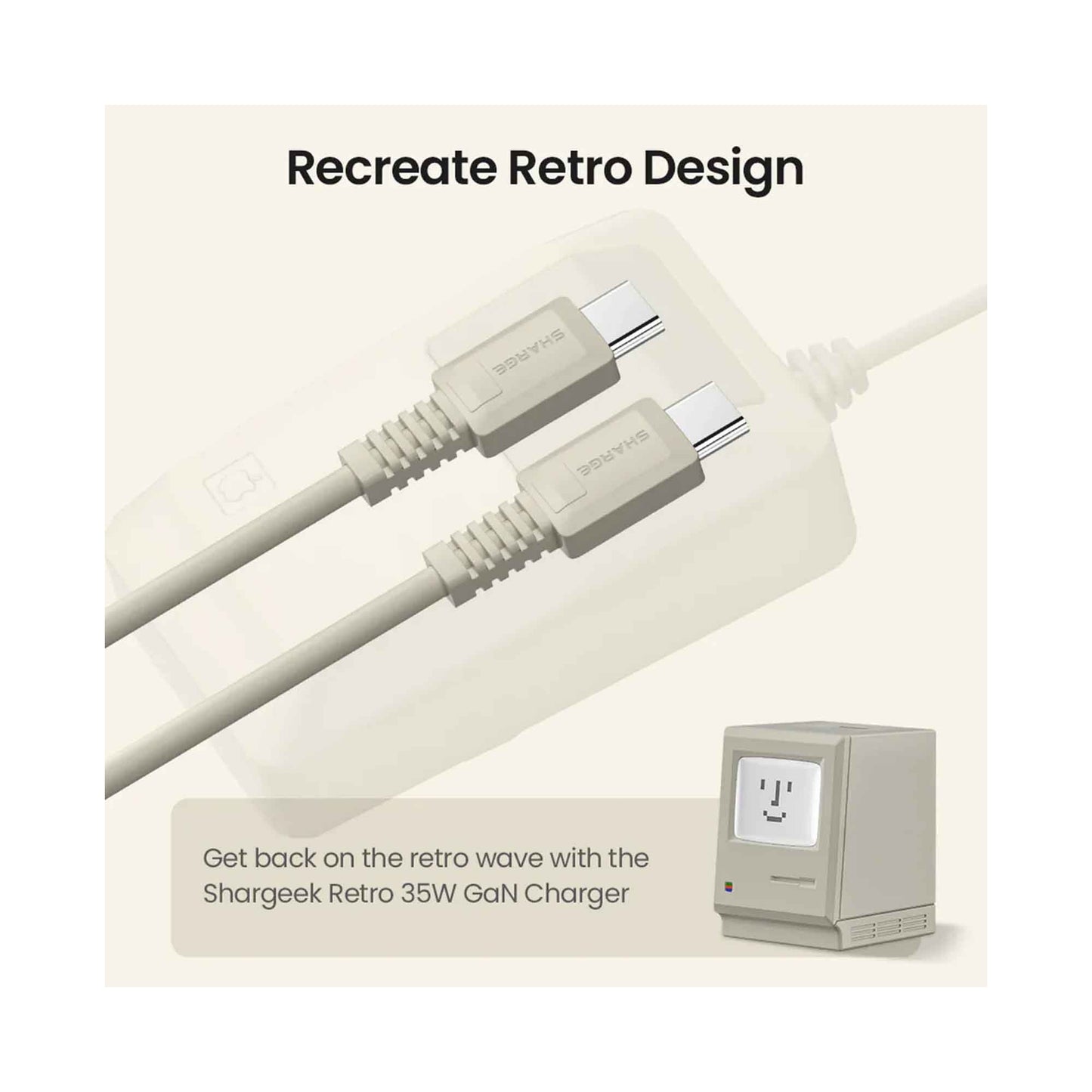 SHARGE Retro USB-C to USB-C 100W PD Fast Charging Cable 1.2m - Retro White