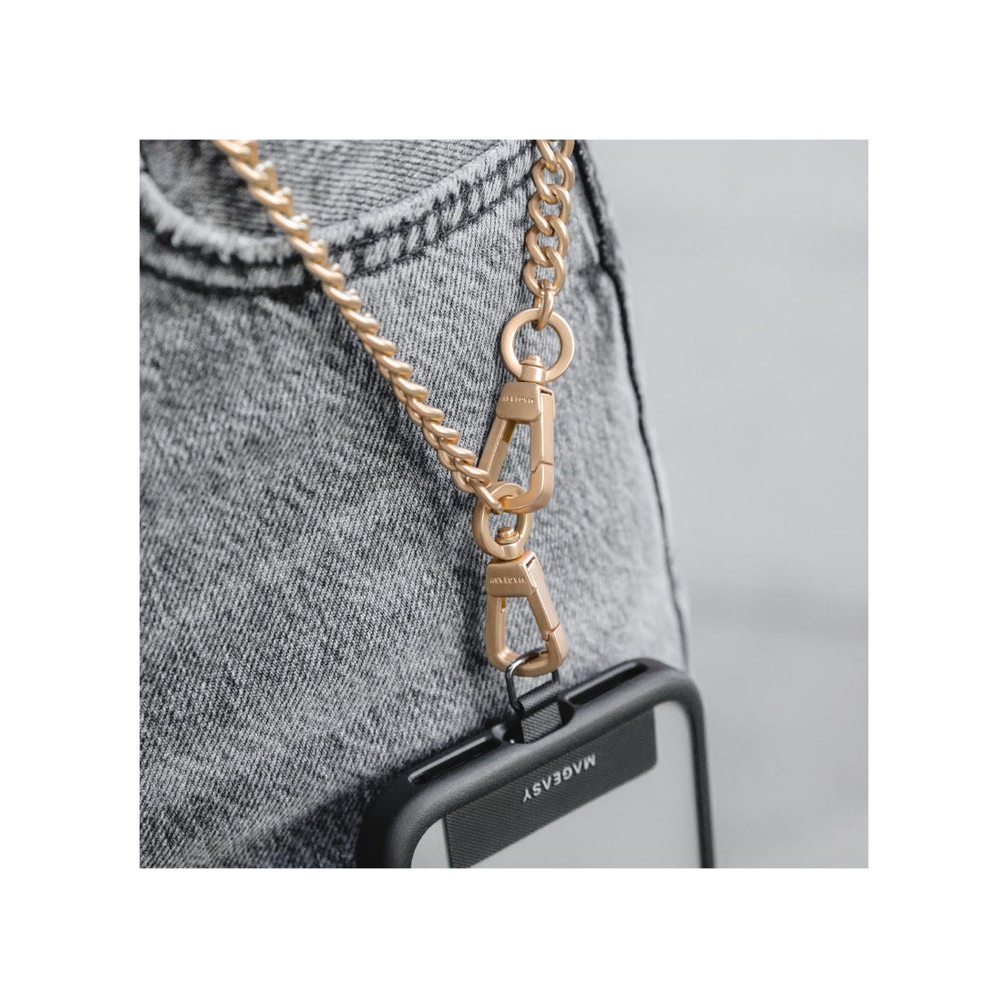 MAGEASY Modern Leather Chain Strap + Strap Card - Adjustable Chain Length - Black/Matte Gold