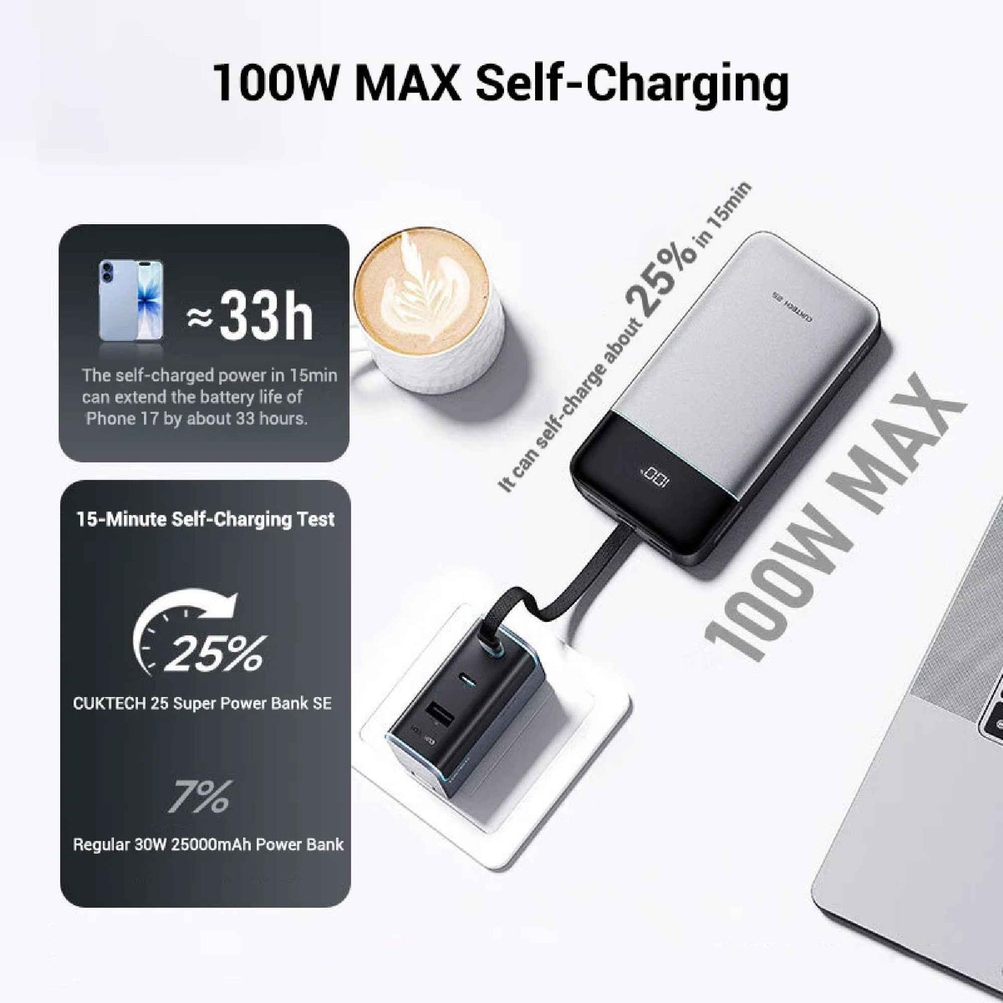CUKTECH 25 Power Bank SE 25000mAh 120W Built-in Type-C Cable Screen Display CCC Certified