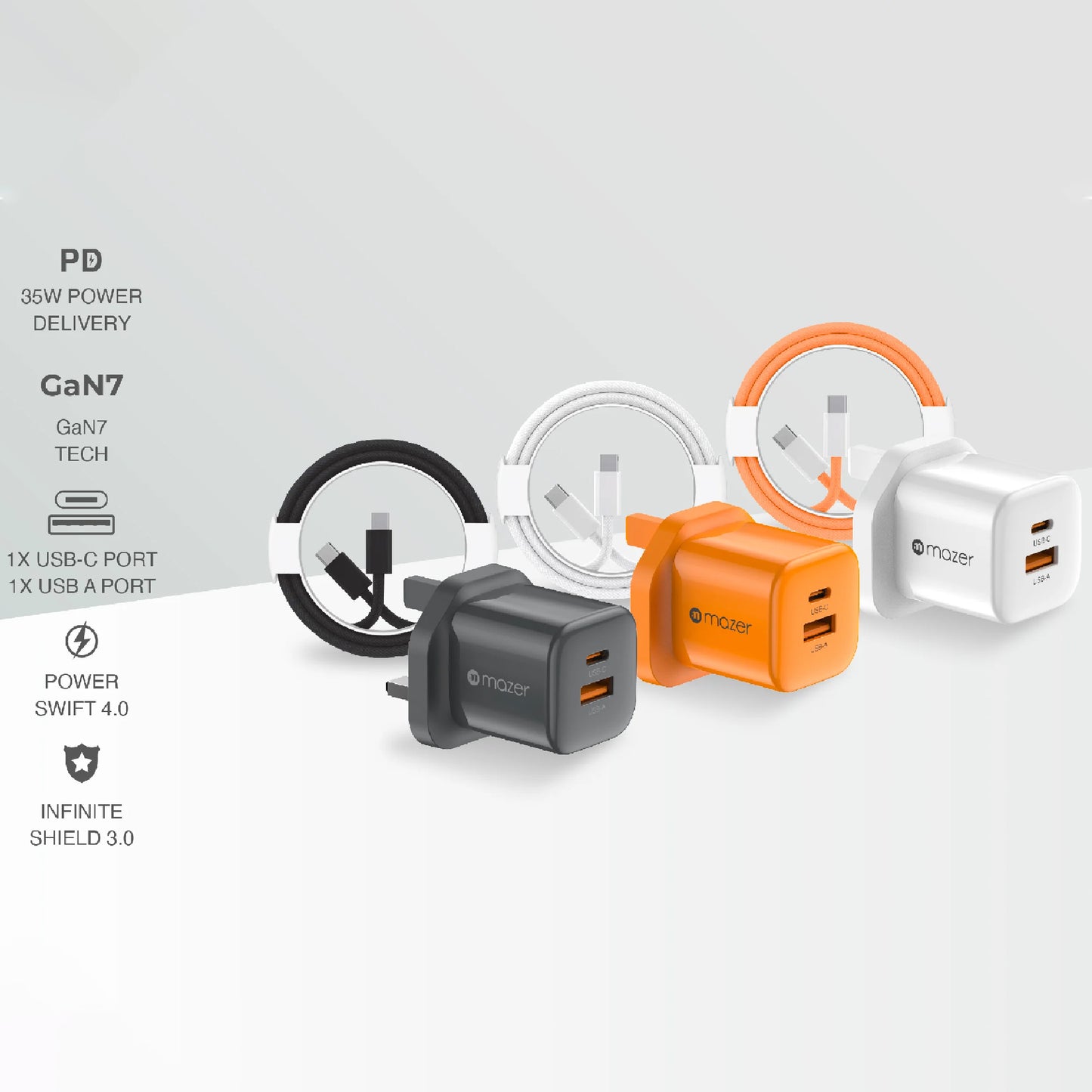 Mazer Prestige Combo 35W GaN Wall Adapter ( 2 Ports ) with PD60W USB-C Cable