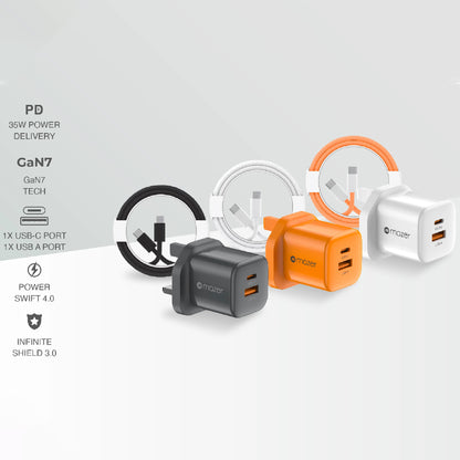 Mazer Prestige Combo 35W GaN Wall Adapter ( 2 Ports ) with PD60W USB-C Cable
