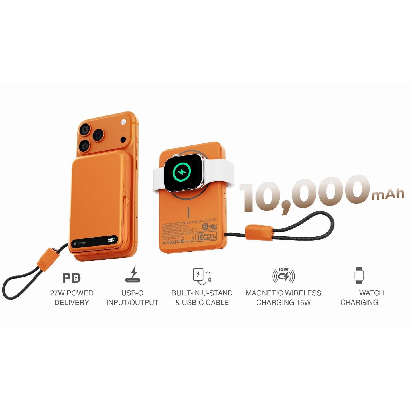 MAZER MagLink19 10,000mAh Magnetic Wireless Powerbank with Built-in USB-C Cable and Kickstand CCC Certified